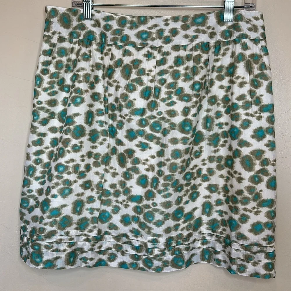 LOFT skirt cream aqua blue side zip lined 100% cotton Sz 10